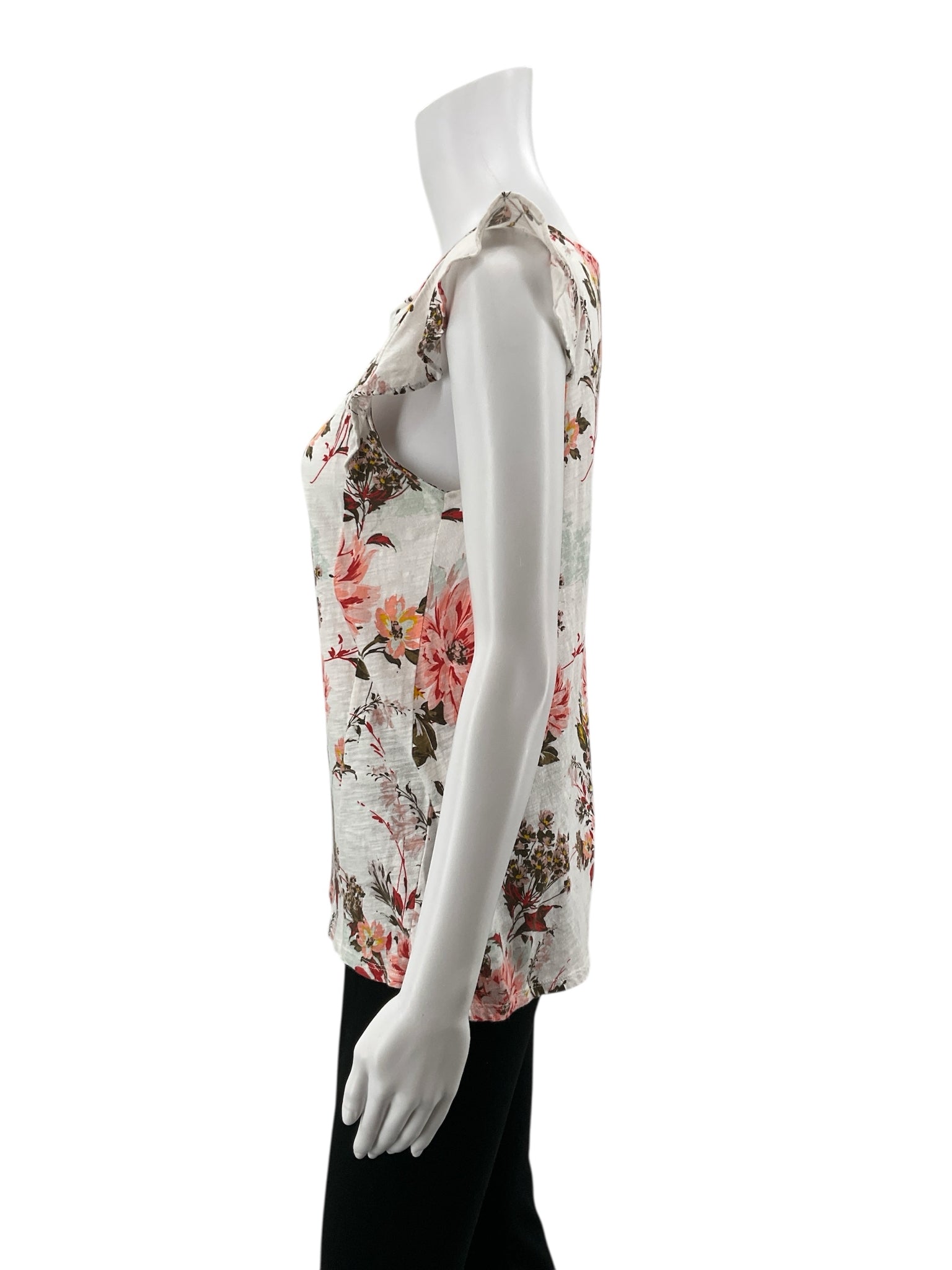 LOFT ecru/brown/orange Sleeveless Vintage Soft Floral Flutter Sleeve Top 100% Cotton Size Small - Size S