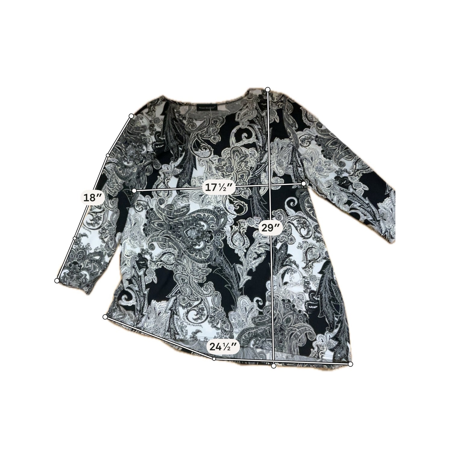 Travel Elements Paisley Print Tunic Top Black White Gold 3/4 Sleeve XL