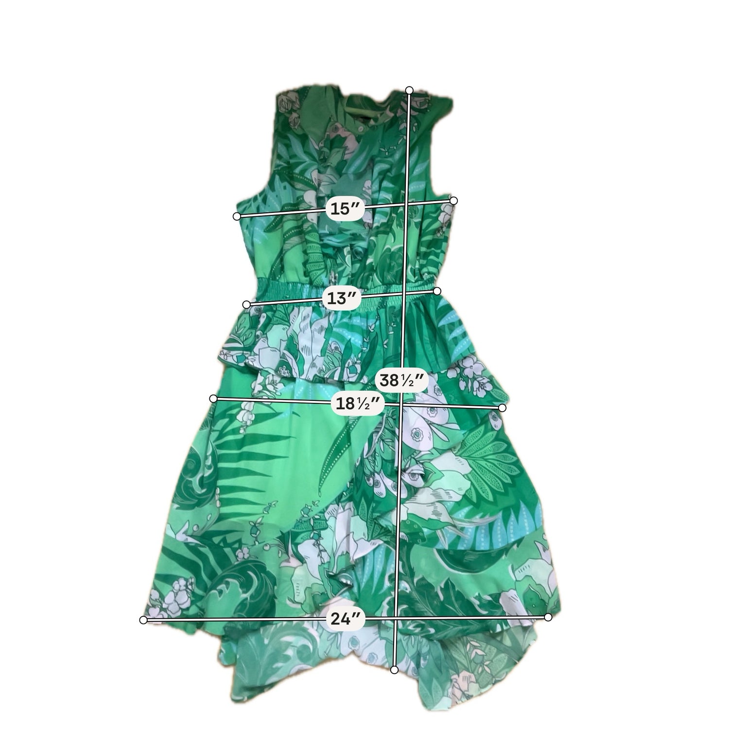 Hale Bob Emerald Green Floral Tiered Ruffle Sleeveless Dress Size Large