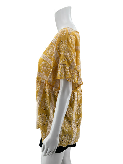 Entro Mustard Yellow Boho Eyelet Embroidered Flutter Sleeve Top Size Large - ONLINE ONLY