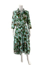 Samantha Sung Aqua/Green Floral Maxi Dress Size 4 with pleated skirt and 3/4 sleeves, gently used and ideal for elegant daytime events.