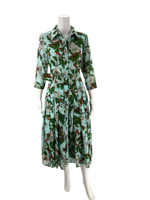 Samantha Sung Aqua/Green Floral Maxi Dress Size 4 with pleated skirt and 3/4 sleeves, gently used and ideal for elegant daytime events.