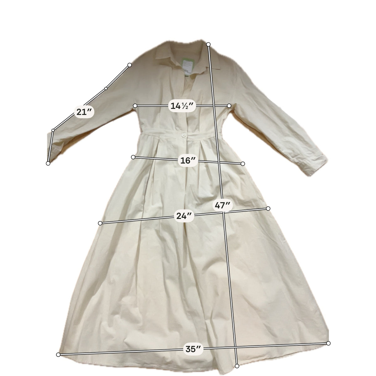 Cream Cotton Long Sleeve Belted Midi Shirt Dress Size Small