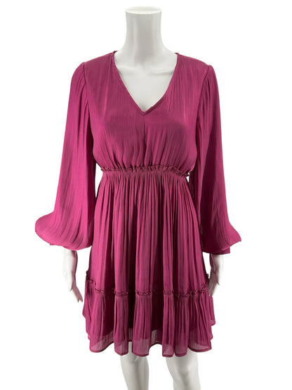 Jodiful Raspberry Pleated Tiered Long Sleeve Mini Dress Size Small