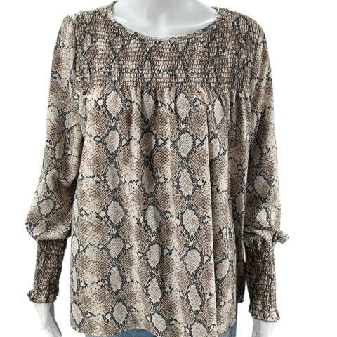 Front view of Oddy Navy/Tan/Cream Snake Print Top Size M with smocked neckline and long sleeves, featured in Margaret’s Consignments collection.