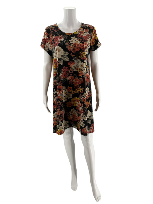 Front view of Kimchi Blue Black/Cream/Red Floral Pre-Owned Ladies Dress - Size Large on mannequin, showcasing pullover style and floral print.