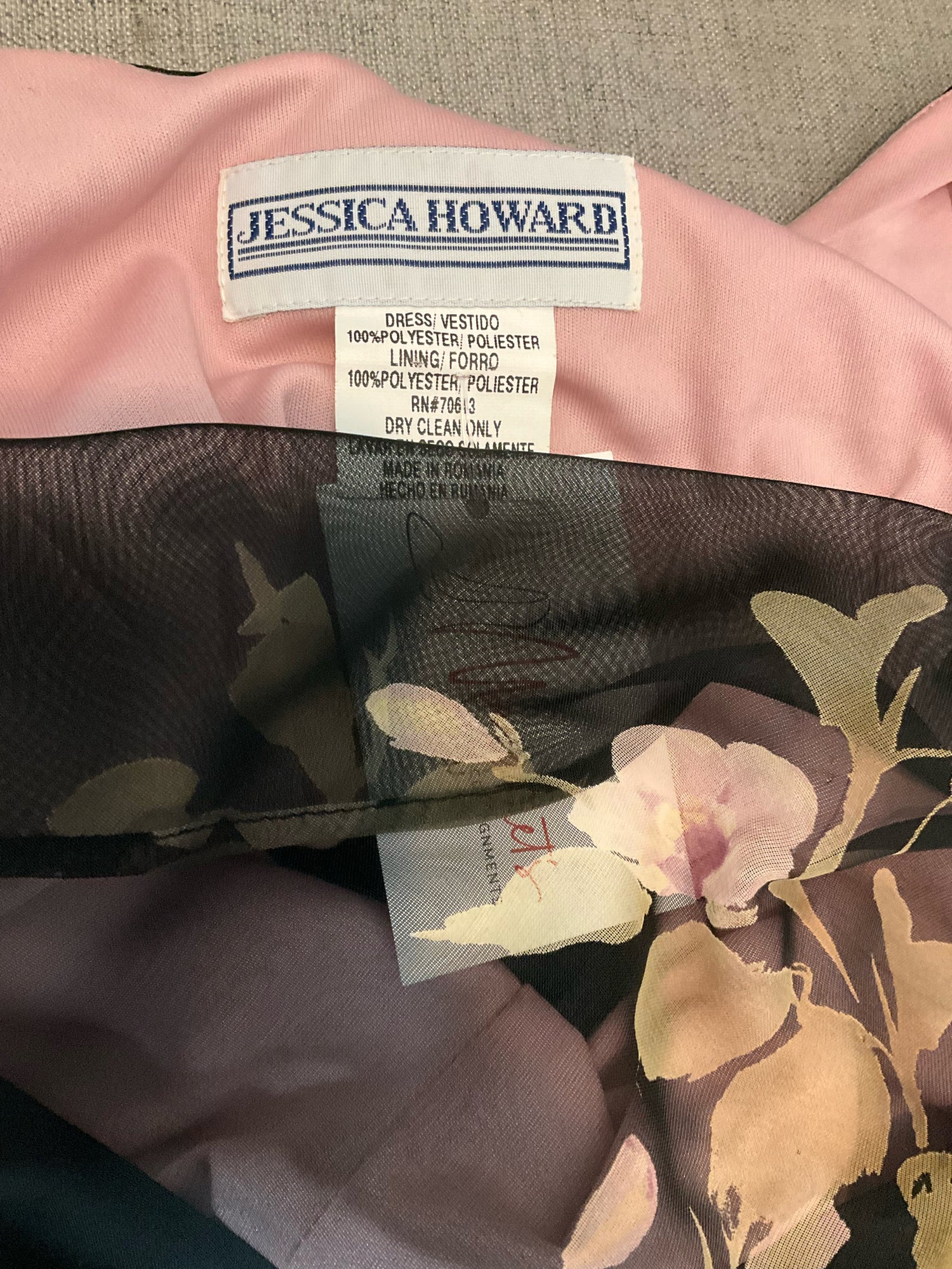 Jessica Howard Black &amp; Rose Gold Floral Cowl Neck Asymmetrical Dress Size Small