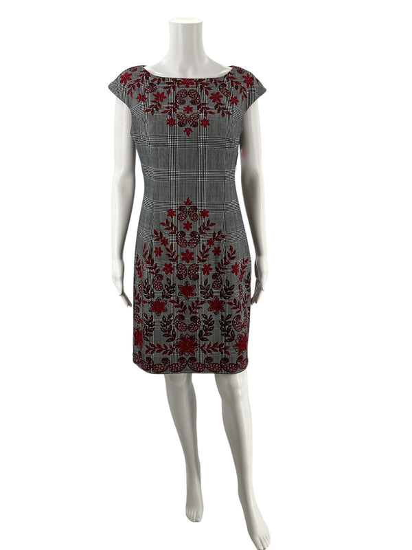 Front view of London Style Collection NWT Glen Plaid Red Floral Sheath Dress, size 10, featuring cap sleeves and red floral embroidery over black and white plaid.