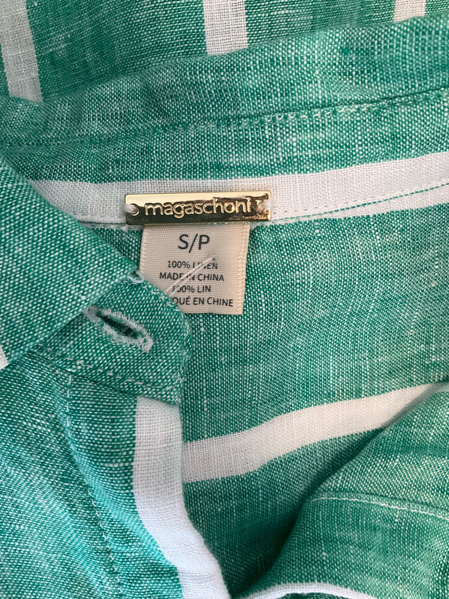 Magaschoni Green/White Button Down Green &amp; White Striped 100% Linen Button Down Shirt Size Small - Size S
