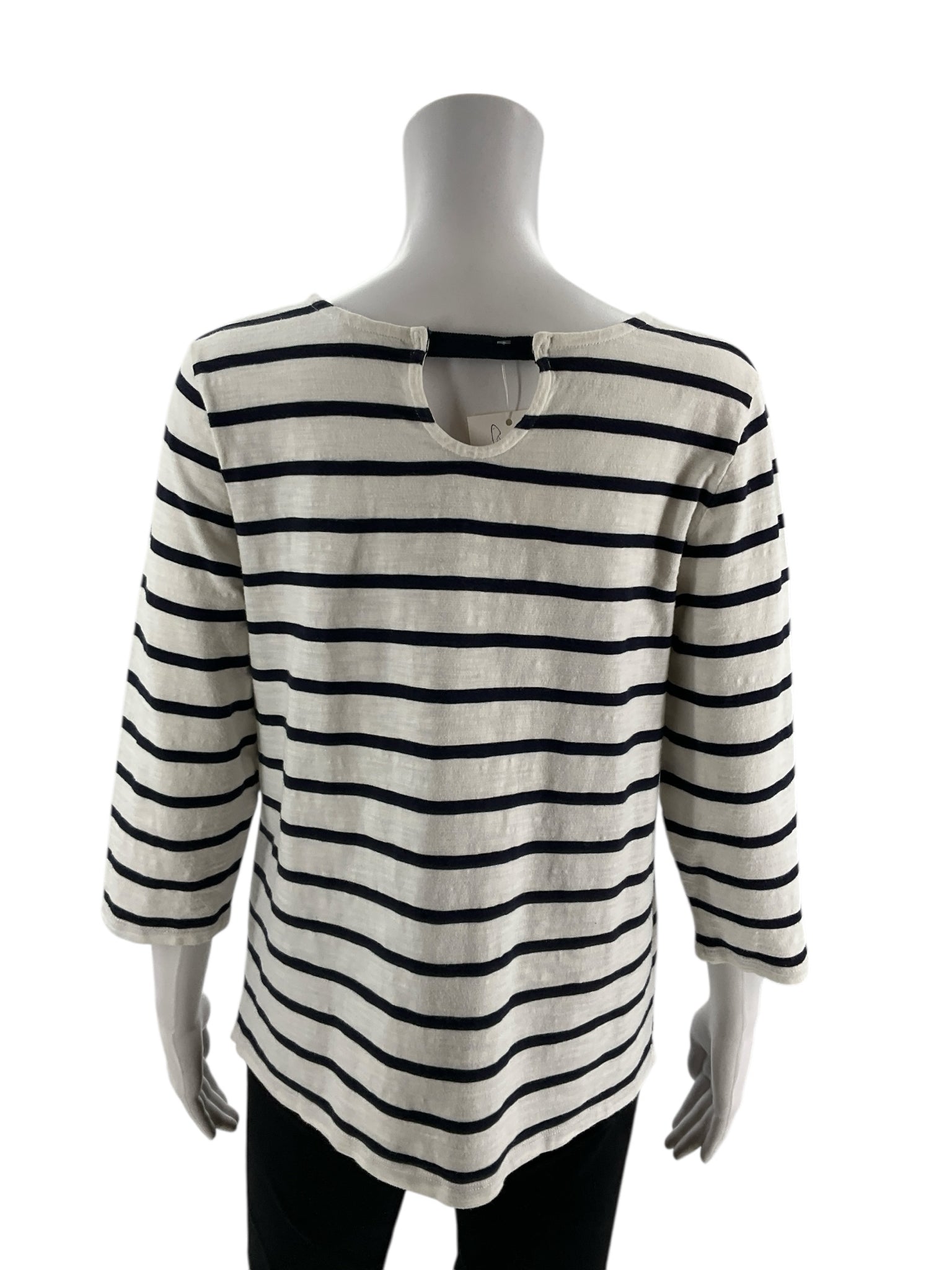 Talbots white and navy stripe boatneck top for women, size large petite, featuring a classic Breton style.