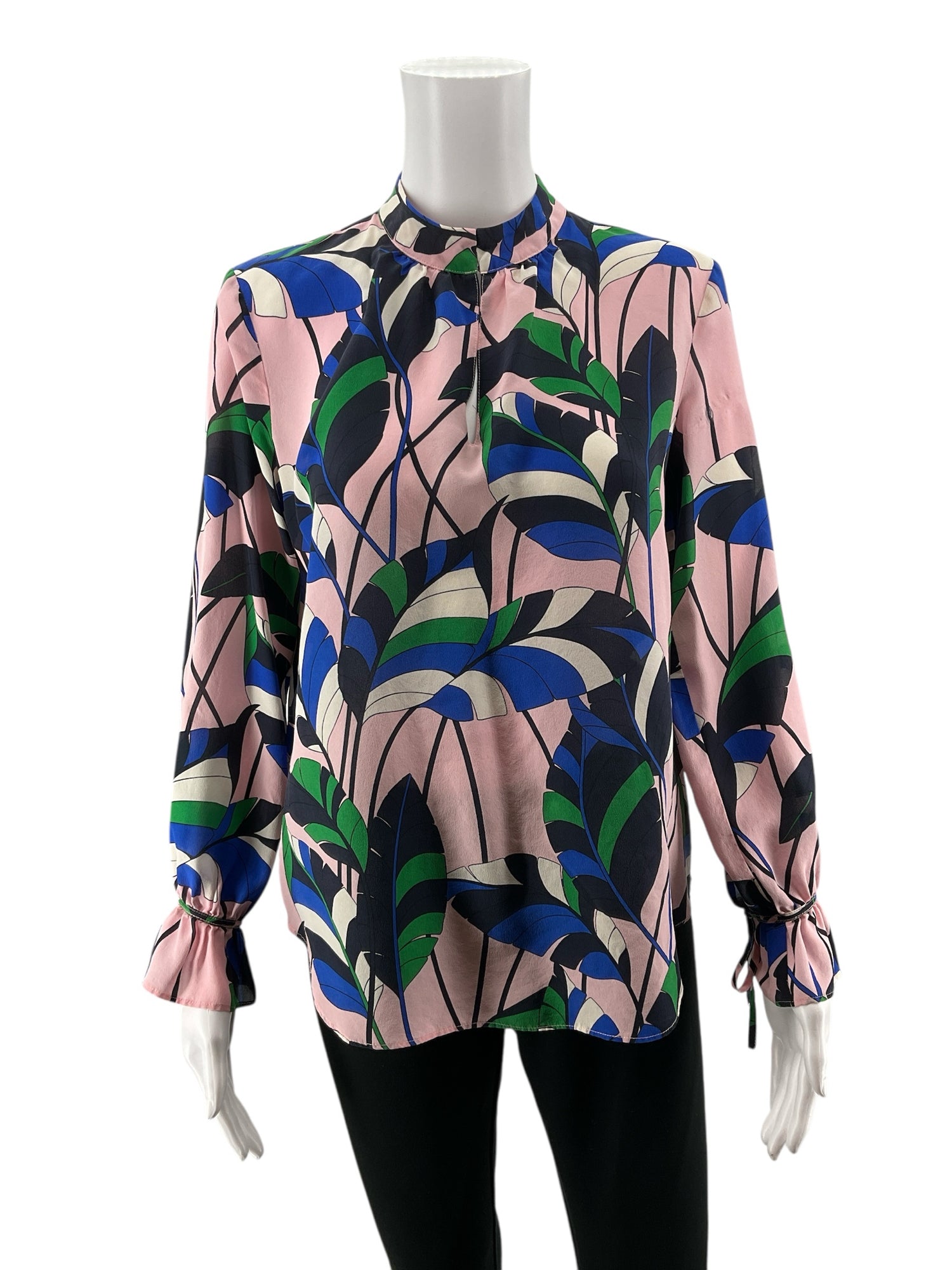 Ann Taylor pink/blue/green Long Sleeve Leaf Print 100% Silk Tie Cuff Blouse Pink Green Blue Size Small - Size S