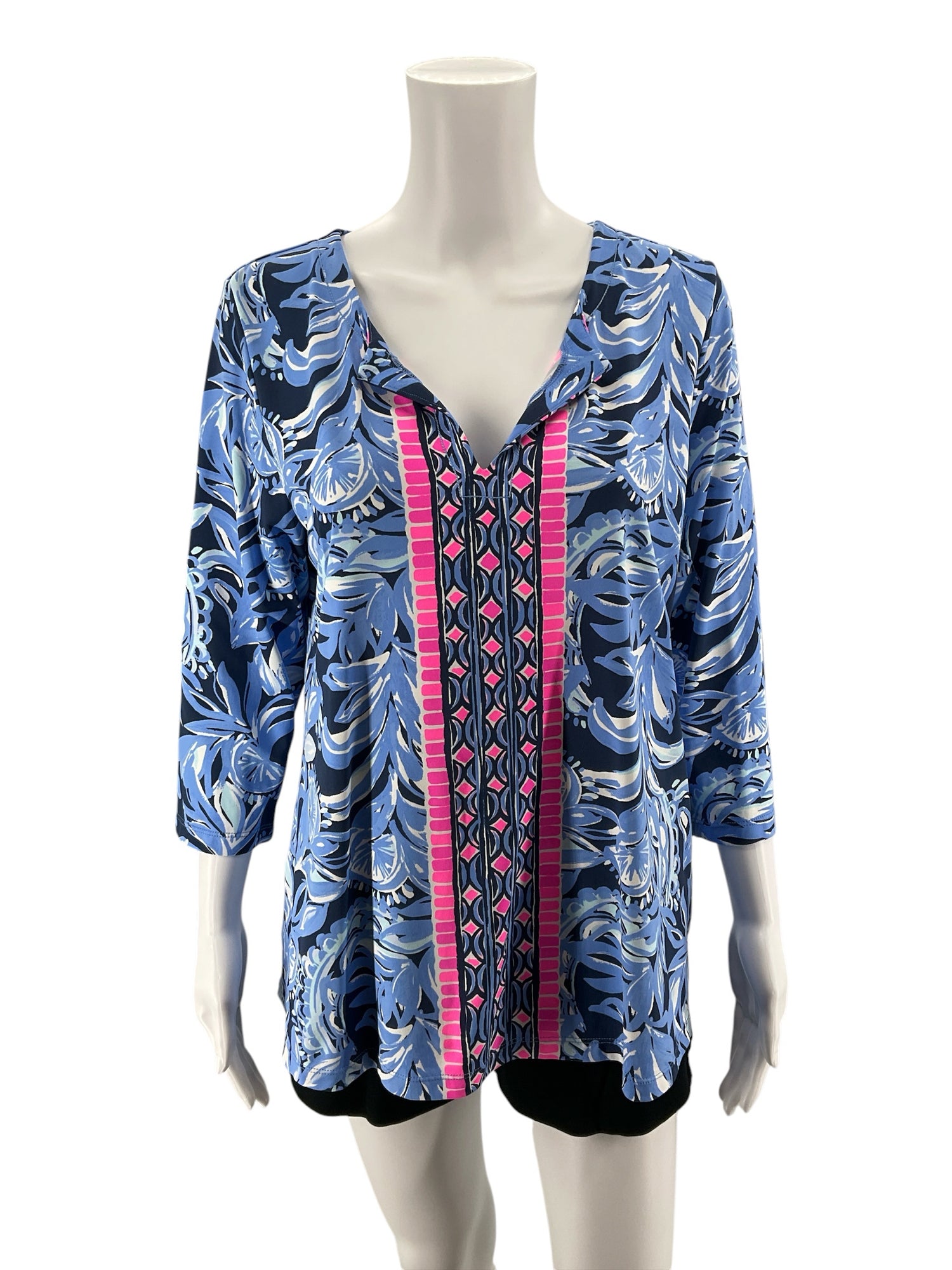 Lilly Pulitzer Willa Tunic Top Print V-Neck Blue Pink Pre-Owned Size L - Downstairs