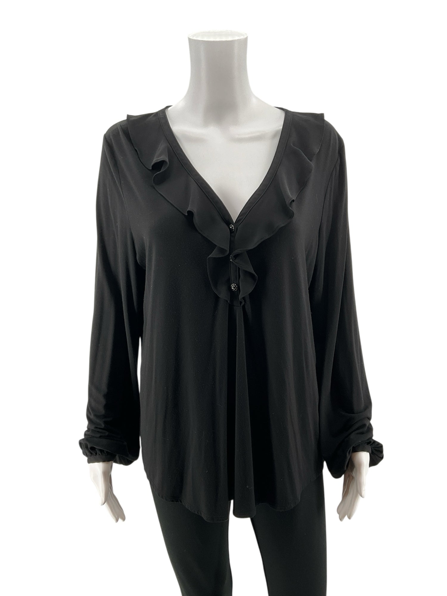 White House Black Market Ruffle V-Neck Long Sleeve Top Black Size Large