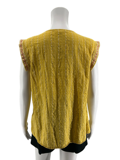 Anthropologie Dotted Stripe Embroidered Tunic Top Size Large Yellow Bohemian - ONLINE ONLY