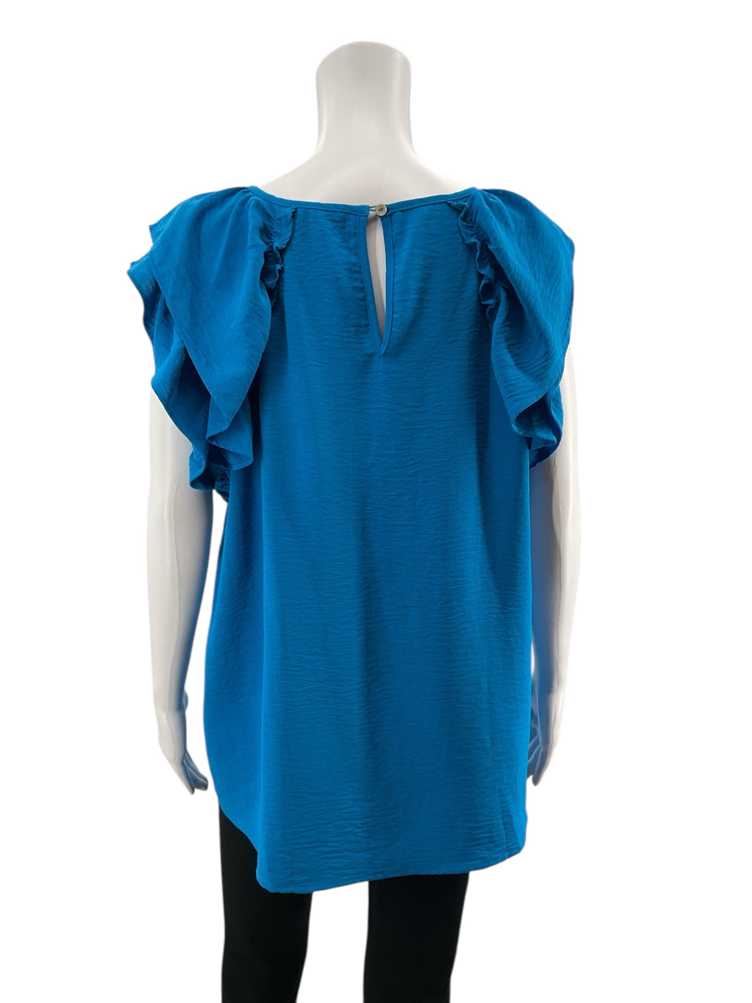 Jodifl Turquoise Cap Sleeve Turquoise Ruffle Sleeve Keyhole Back Tunic Blouse Size Large - Size L