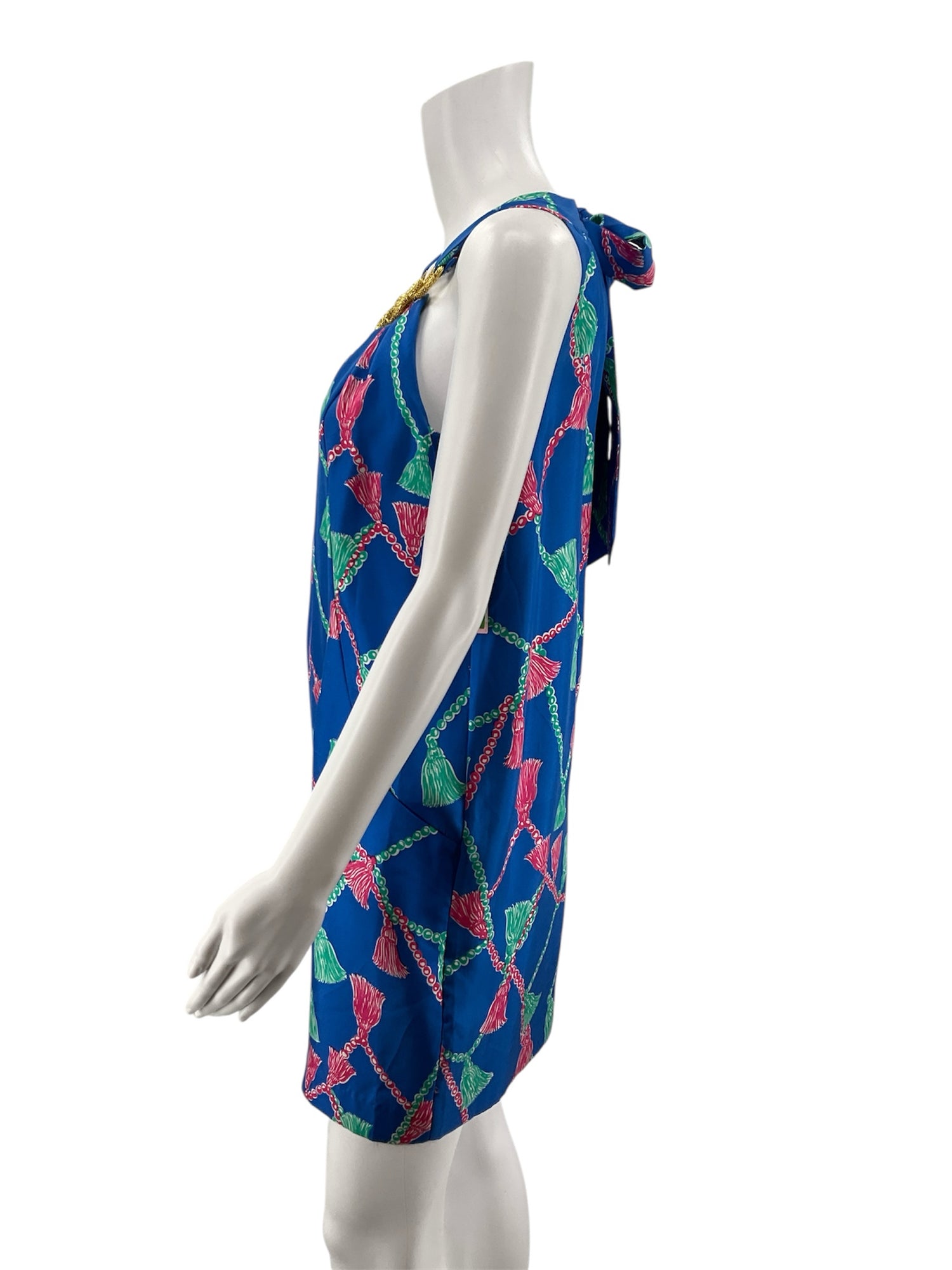 Lilly Pulitzer blue/pink/green Shift Elsa Silk Halter Dress Tassels Print Size 2 - Size 2