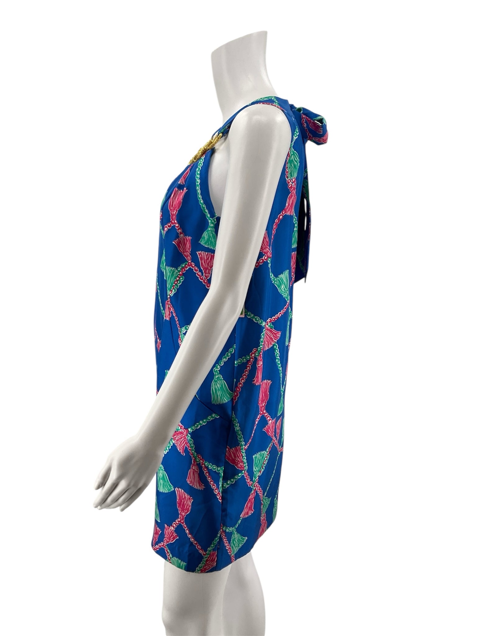 Lilly Pulitzer blue/pink/green Shift Elsa Silk Halter Dress Tassels Print Size 2 - Size 2