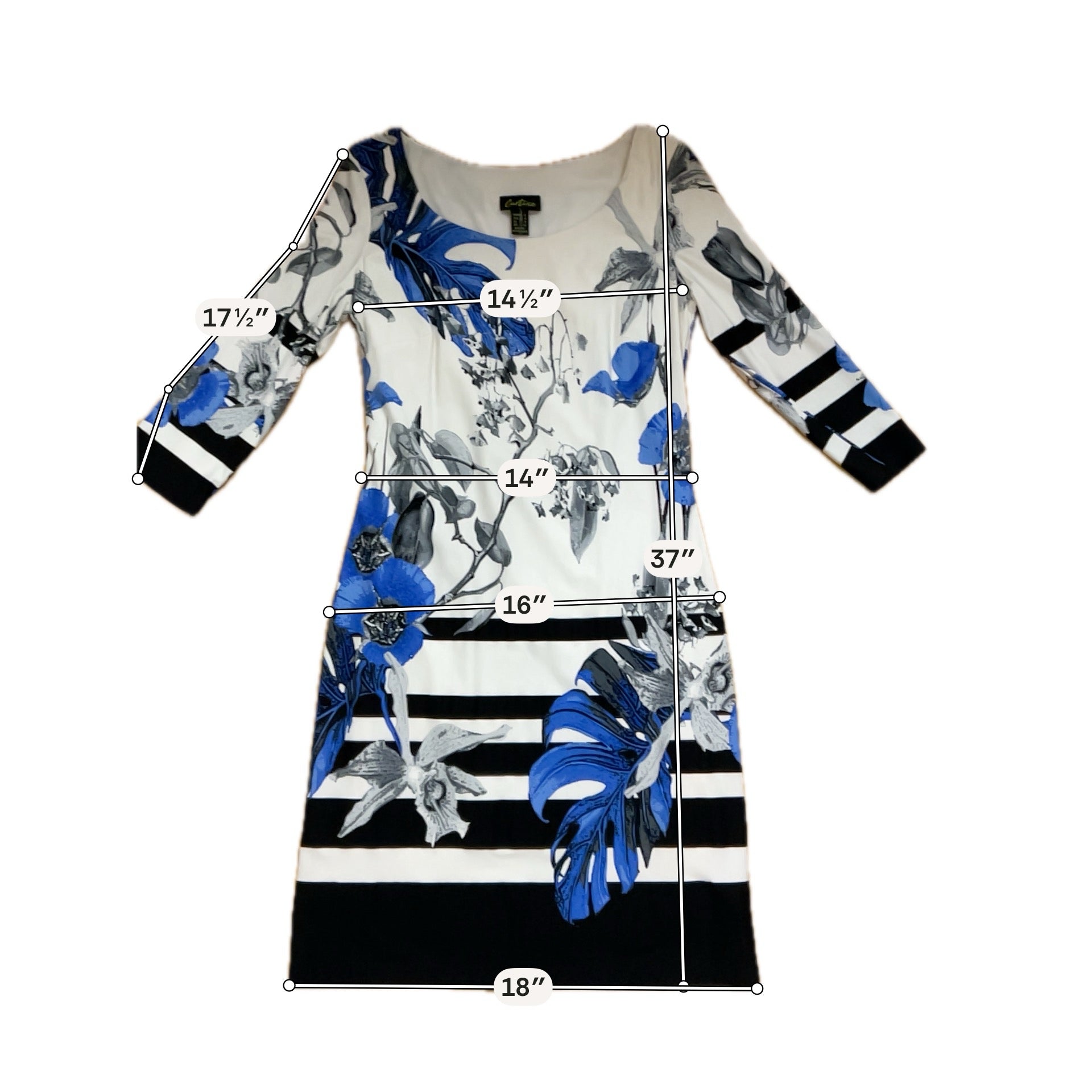 Cartise Floral &amp; Stripe 3/4 Sleeve Shift Dress Blue White Black Size 4