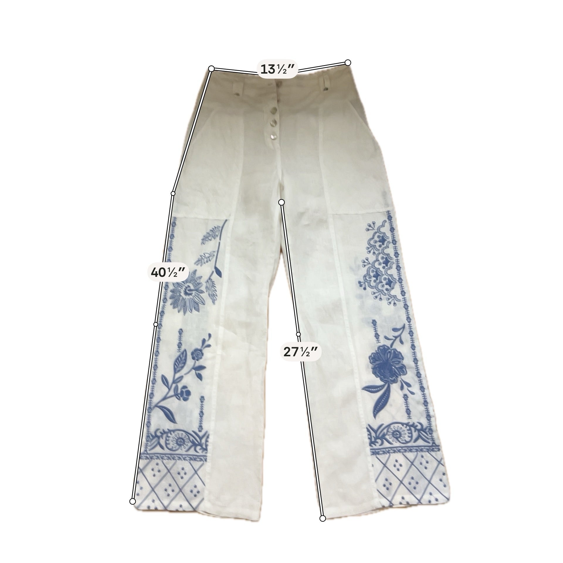 Johnny Was Terez Linen Pants White Blue Embroidered Wide Leg Boho Size XS