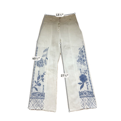 Johnny Was Terez Linen Pants White Blue Embroidered Wide Leg Boho Size XS