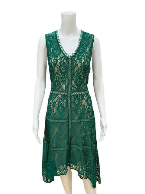 Taylor Green Floral Lace V-Neck Handkerchief Hem Midi Dress Size 12