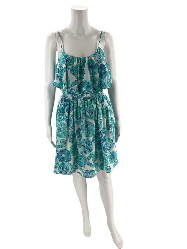 Front view of Lilly Pulitzer Dress Size Petite Small in white and teal floral print with spaghetti straps and elastic waist, resale at Margaret's Fine Consignments