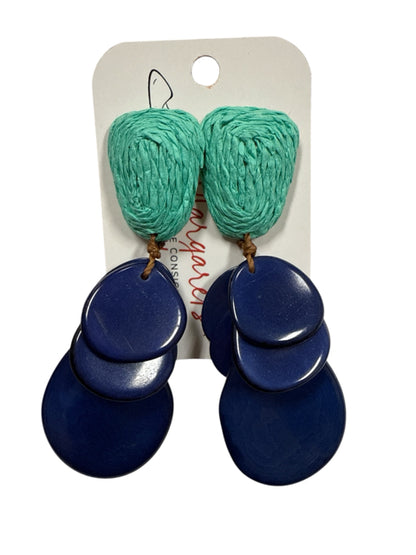 Tagua by Soraya Cedeno Blue Raffia &amp; Tiered Tagua Nut Dangle Earrings