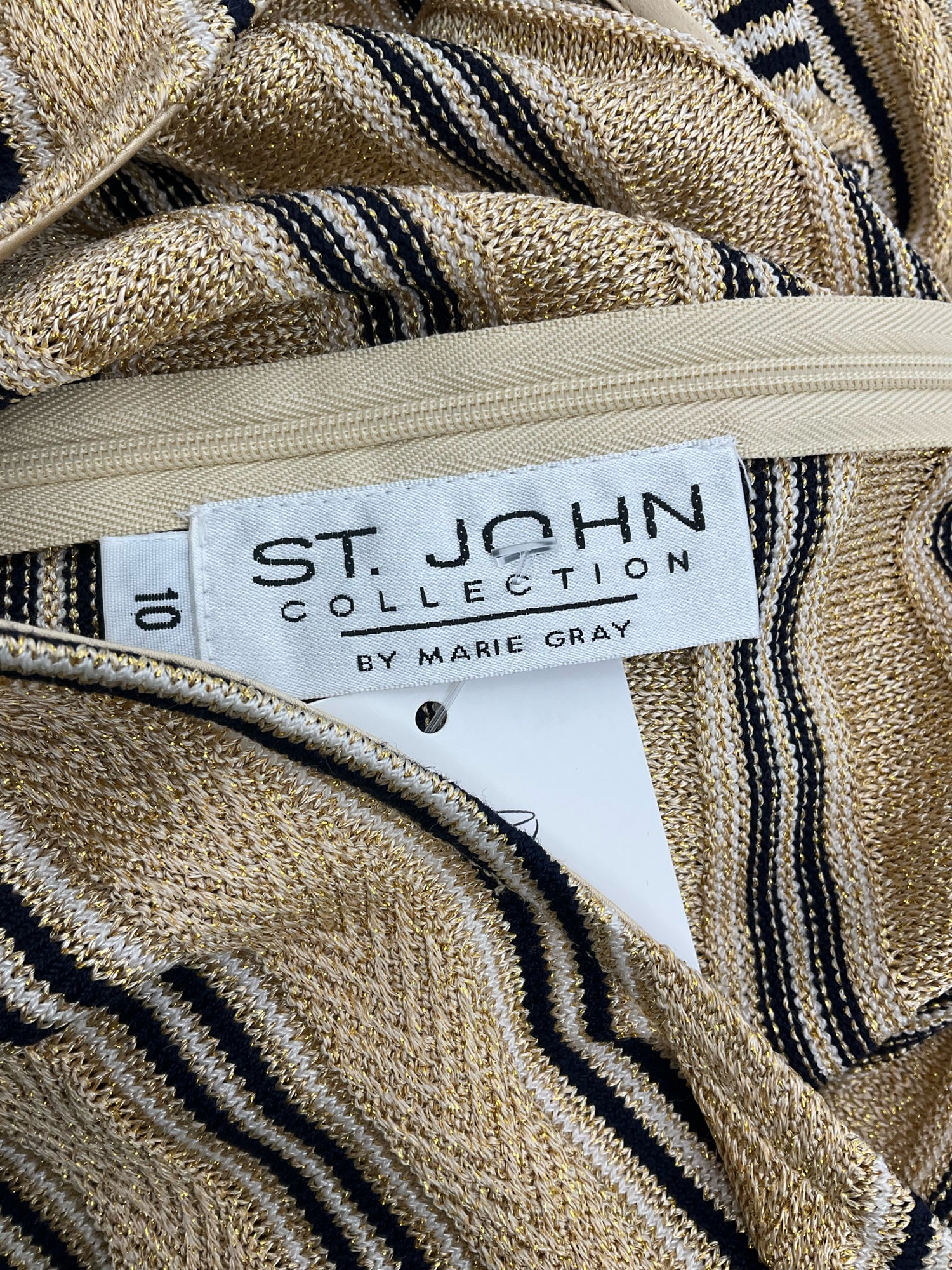 St. John Collection by Marie Gray gold/black Sheath St. John Collection Gold &amp; Black Metallic Stripe Knit Sheath Dress Size 10 - Size 10