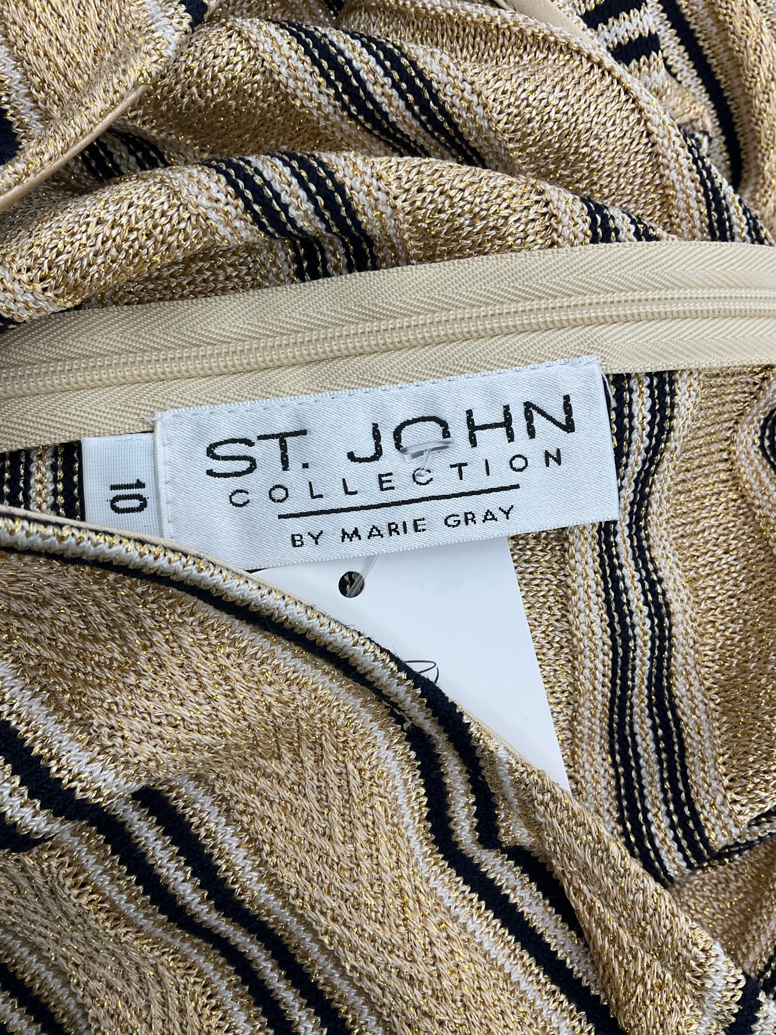 St. John Collection by Marie Gray gold/black Sheath St. John Collection Gold &amp; Black Metallic Stripe Knit Sheath Dress Size 10 - Size 10