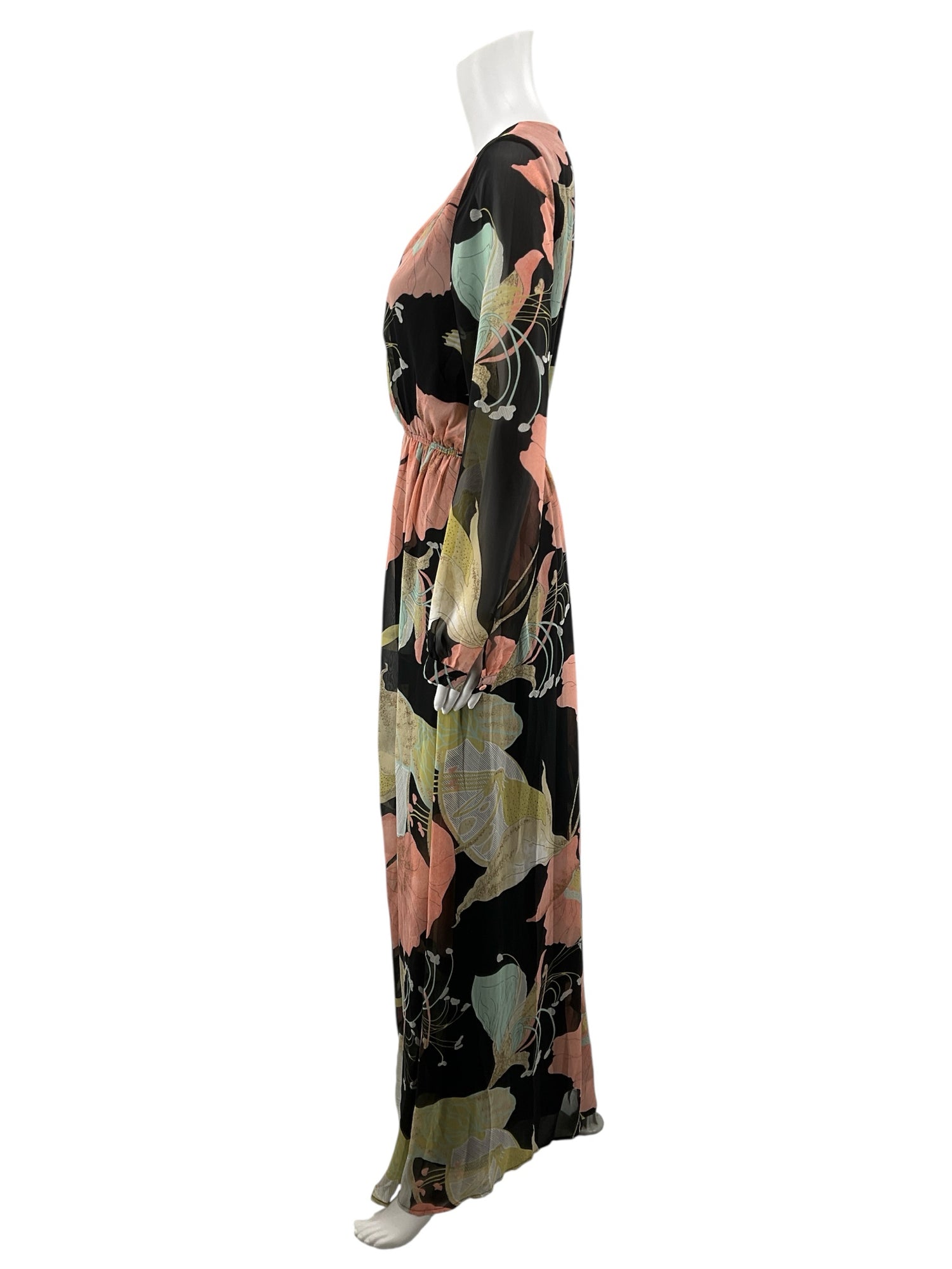 Lulus black/coral/aqua Maxi Still the One Black Floral Long Sleeve Maxi Dress Size Medium - Size M