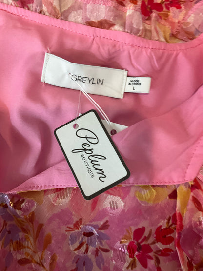 Greylin pink/multi Short Sleeve Adela Ruffle Trim Floral Blouse Pink Metallic NWT Size Large - Size L