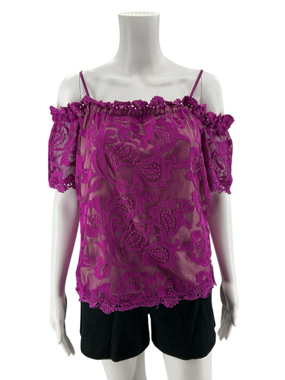 Skies Are Blue Fuchsia Lace Cold Shoulder Blouse Top Size Medium - Downstairs