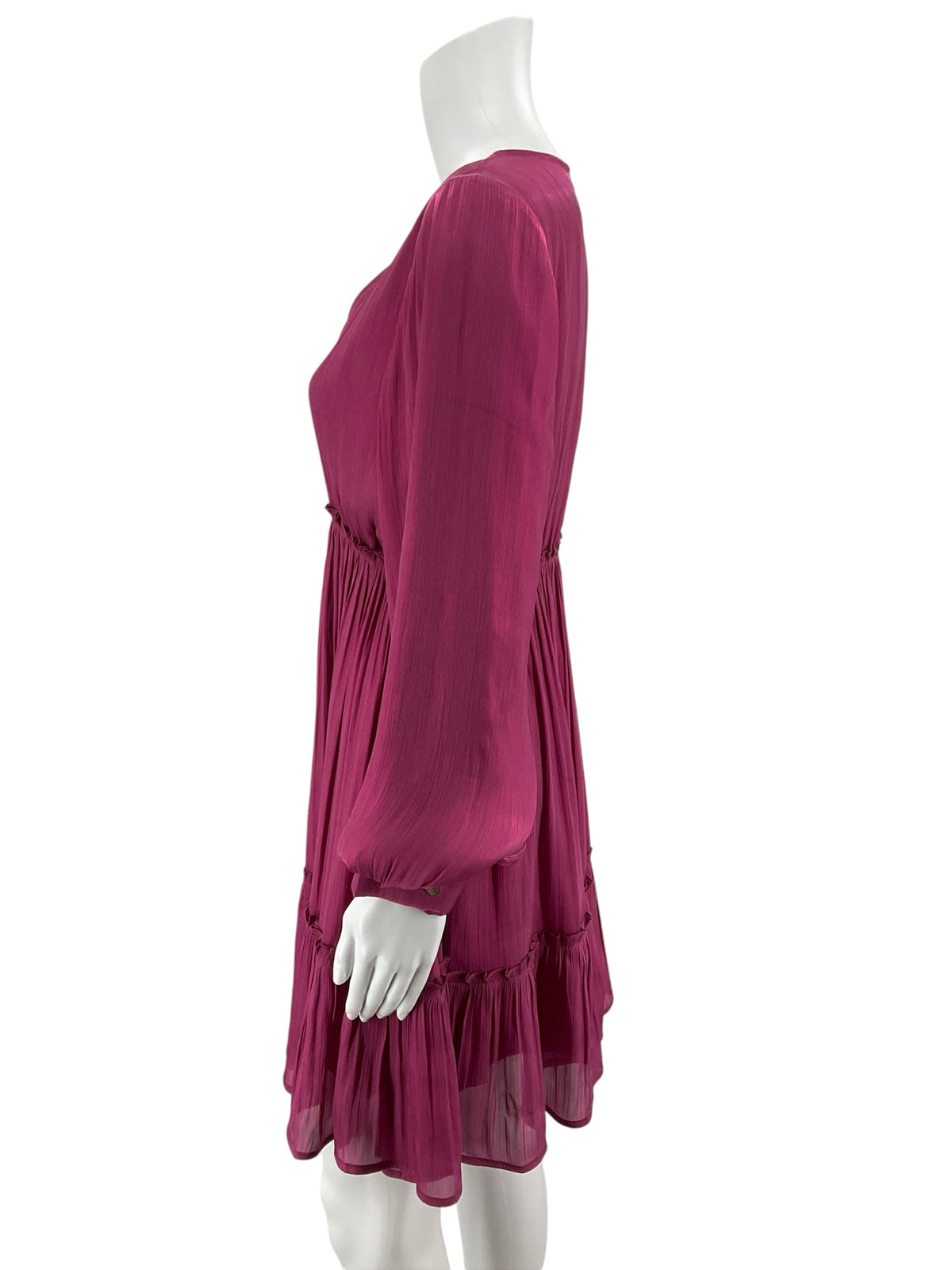 Jodiful Raspberry Pleated Tiered Long Sleeve Mini Dress Size Small