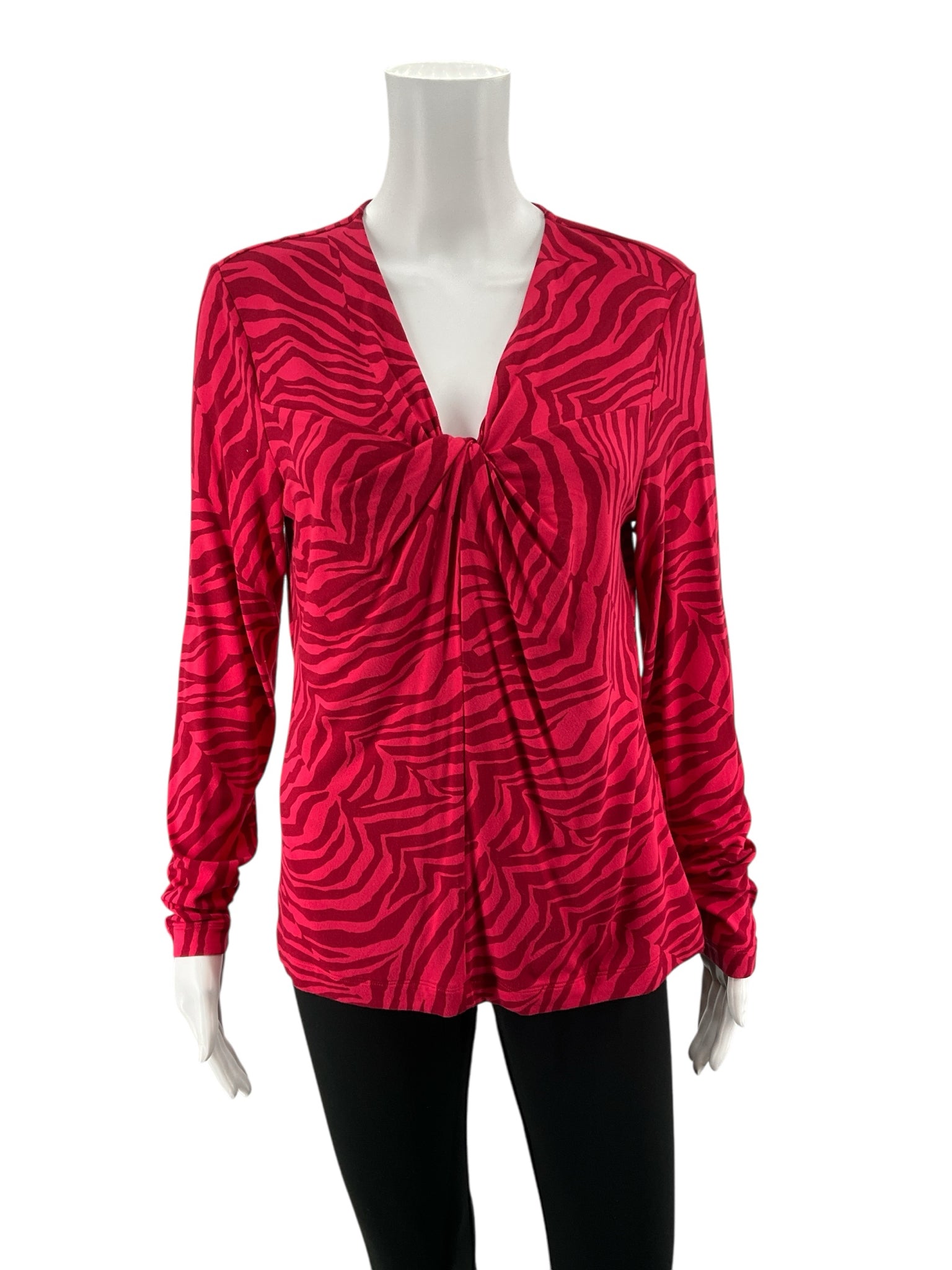 cabi Twist Front Top Medium Red Magenta Zebra Print V-Neck Long Sleeve Blouse