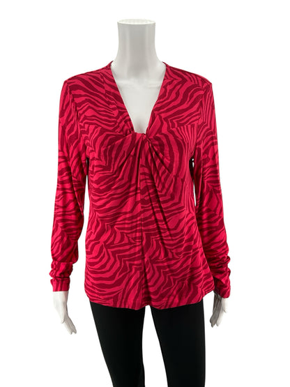 cabi Twist Front Top Medium Red Magenta Zebra Print V-Neck Long Sleeve Blouse