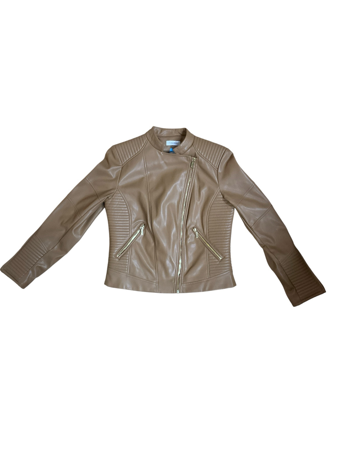 Calvin Klein Tan Faux Leather Moto Jacket | Size Medium