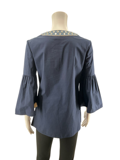 Tory Burch Navy 3/4 Sleeve Harper Tunic Navy Blue Mirror Embroidered Bell Sleeve Top Size 2 - Size 2
