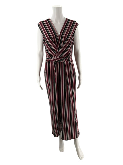 Speechless purple and black striped cropped wide leg jumpsuit with surplice design, size large for women.