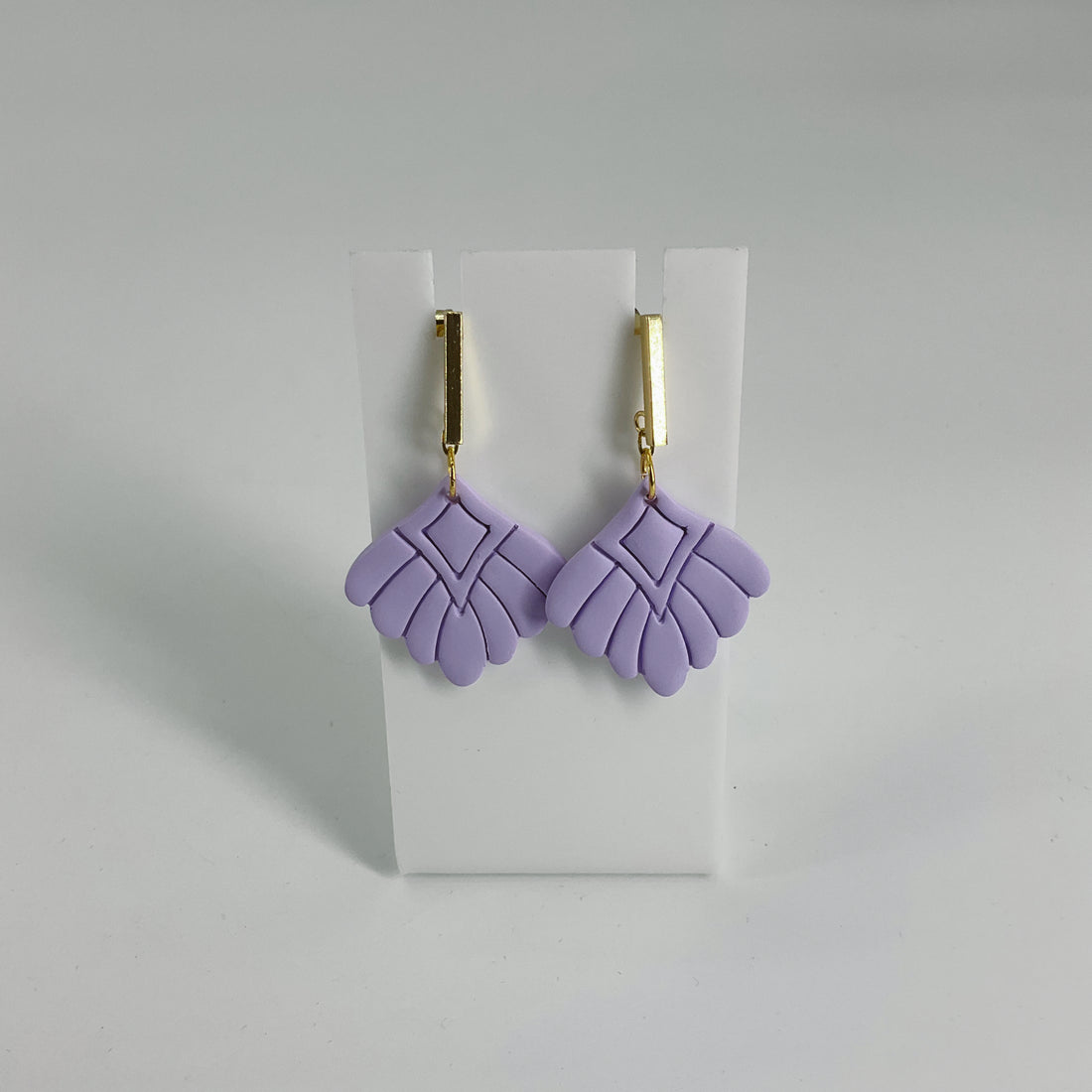 Handmade Lavender Polymer Clay Geometric Fan Earrings with Gold Bar Studs
