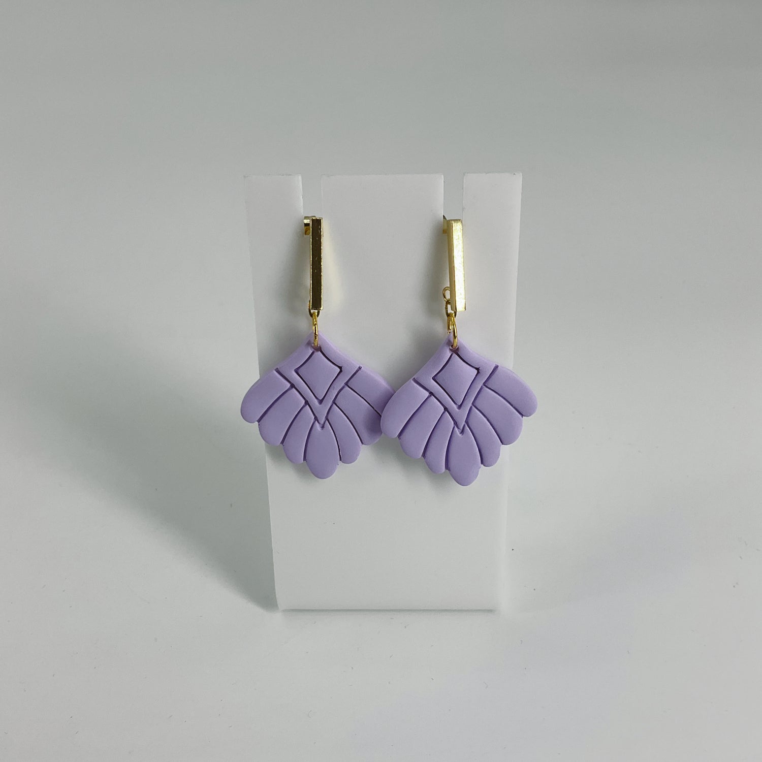 Handmade Lavender Polymer Clay Geometric Fan Earrings with Gold Bar Studs