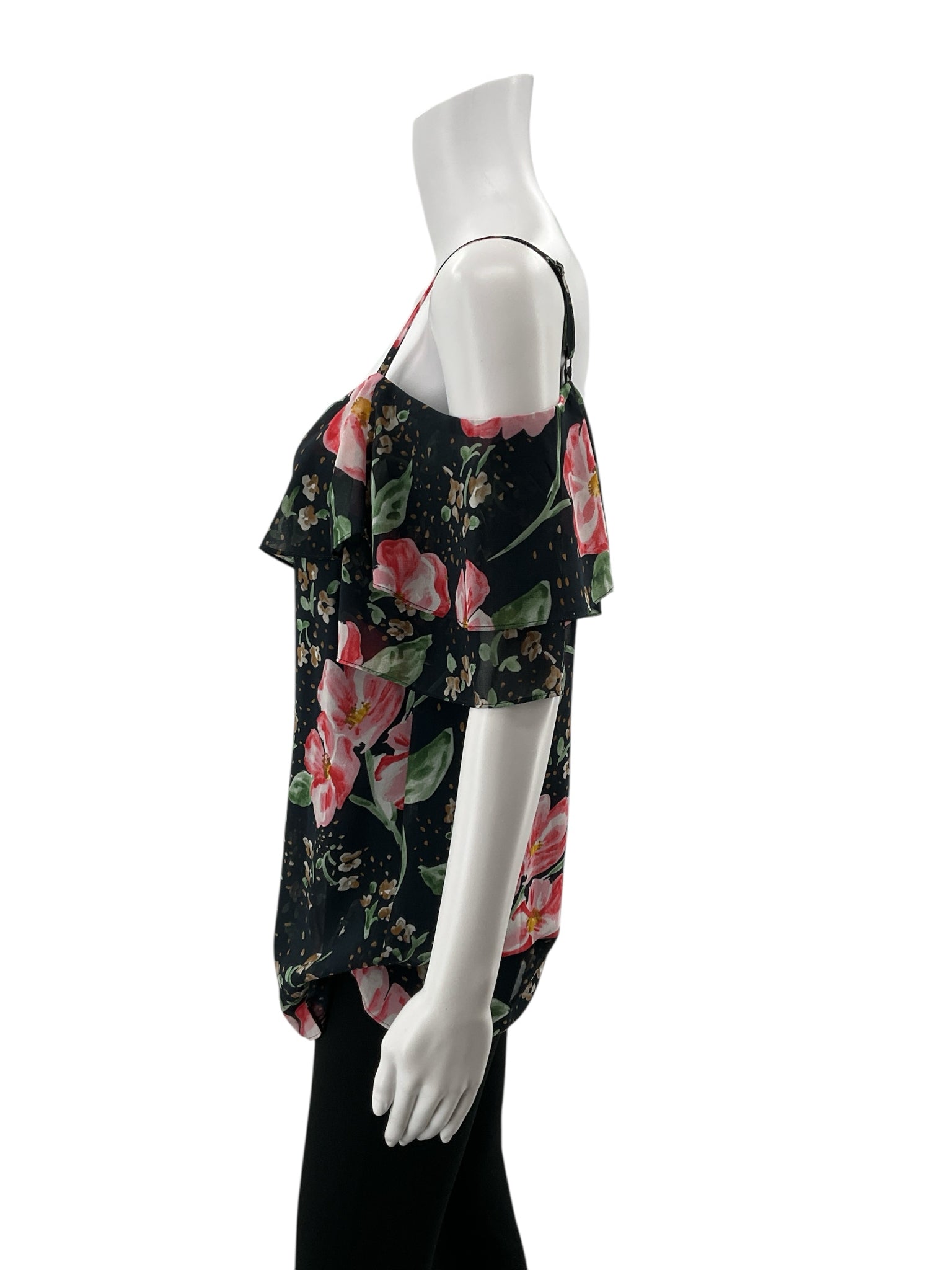 cabi Navy/red Cold Shoulder Ruffle Top Floral Cold Shoulder Blouse Size S Style 5220 - Size S