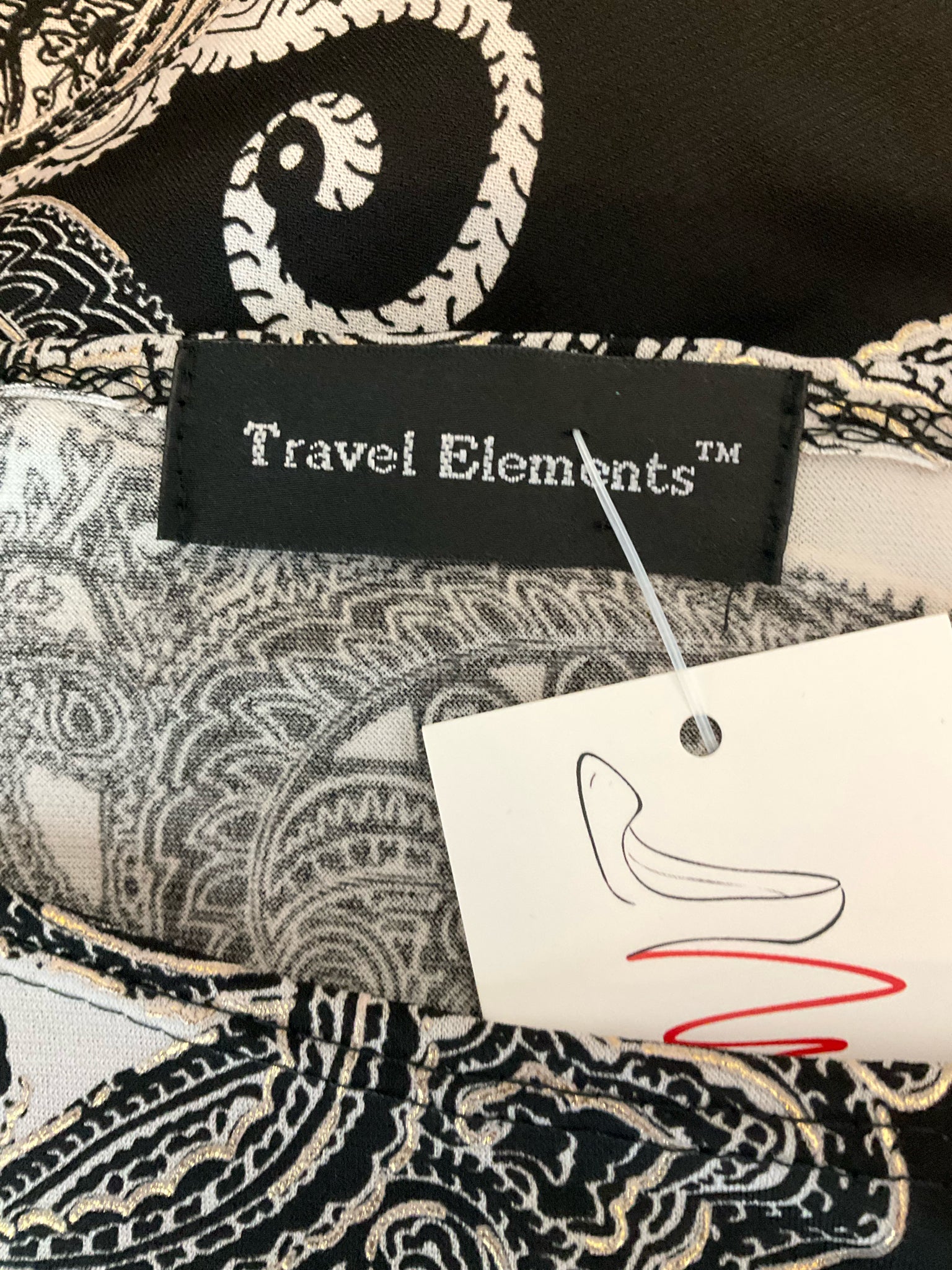 Travel Elements Paisley Print Tunic Top Black White Gold 3/4 Sleeve XL