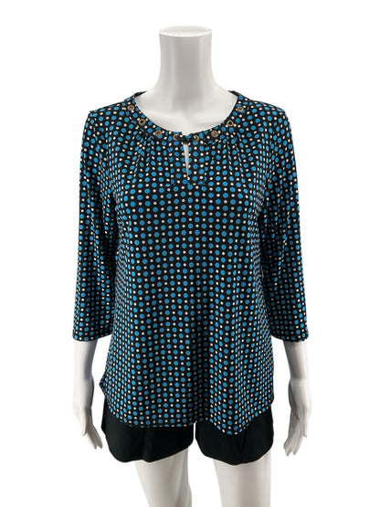 Notations Polka Dot Grommet Tie-Neck Top Size Petite Medium Black Blue