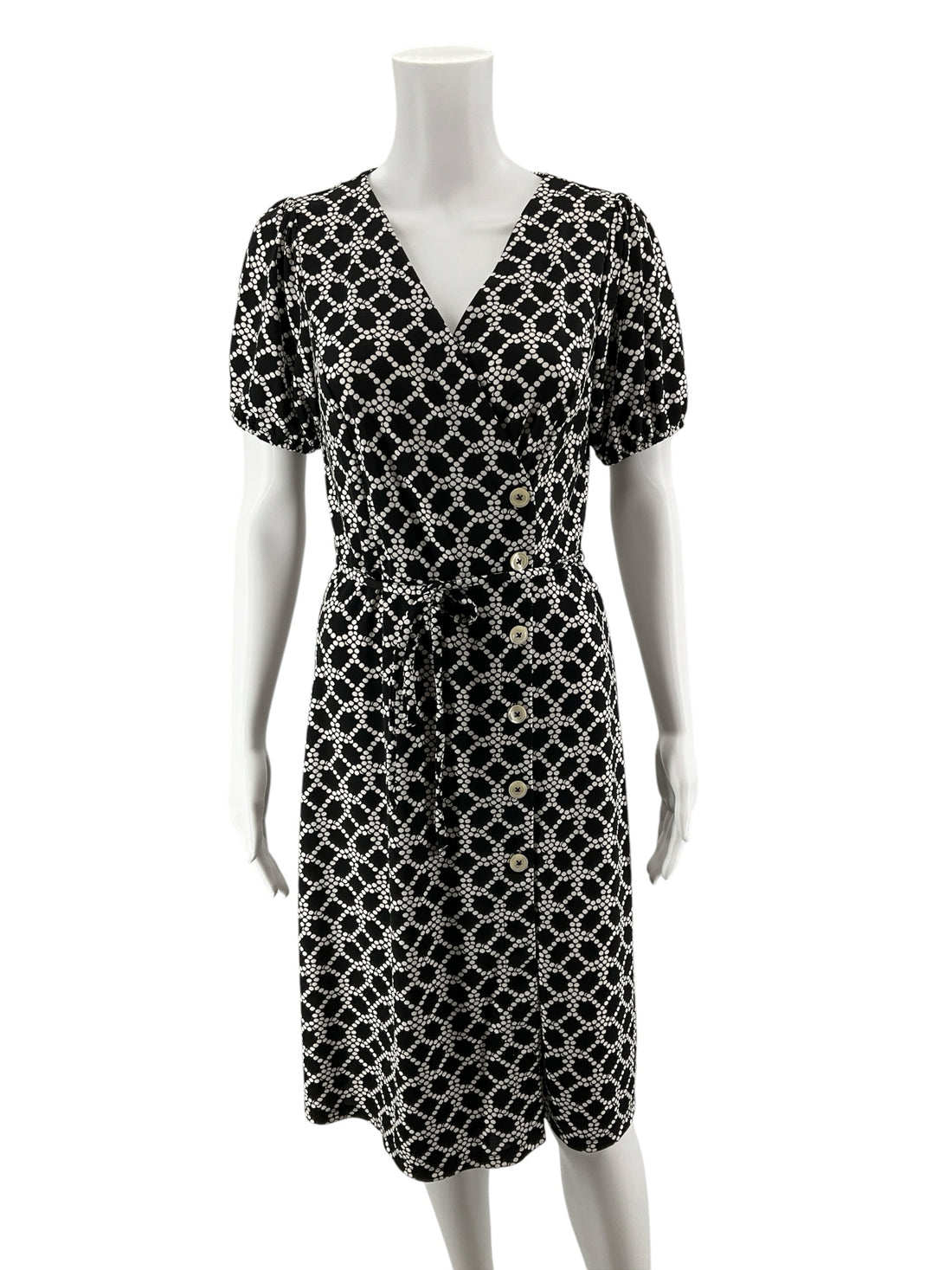 Talbots Petite Dot Lattice Tie-Waist Dress Black White Size Small Petite