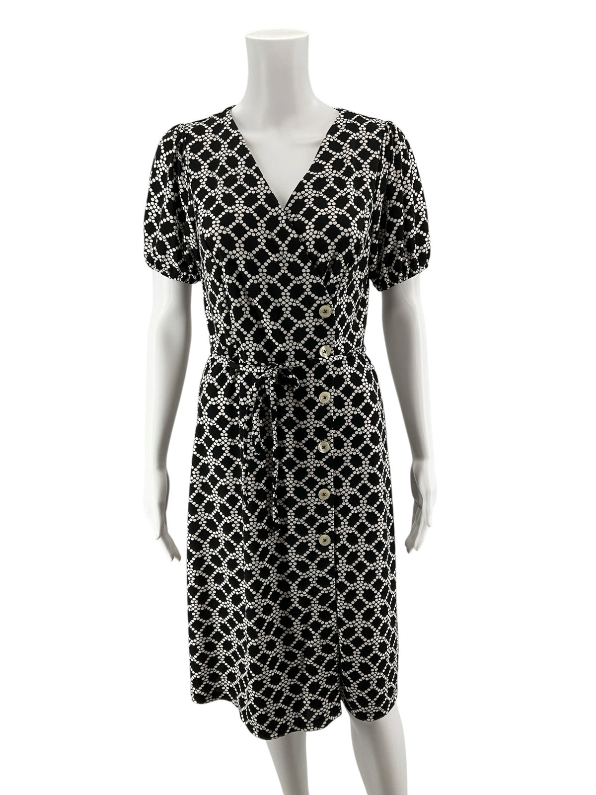 Talbots Petite Dot Lattice Tie-Waist Dress Black White Size Small Petite