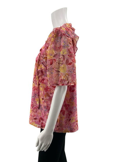 Greylin pink/multi Short Sleeve Adela Ruffle Trim Floral Blouse Pink Metallic NWT Size Large - Size L