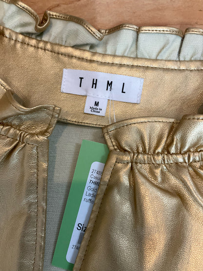 THML Metallic Gold Faux Leather Ruffle Cap Sleeve Top - Size Medium - ONLINE ONLY