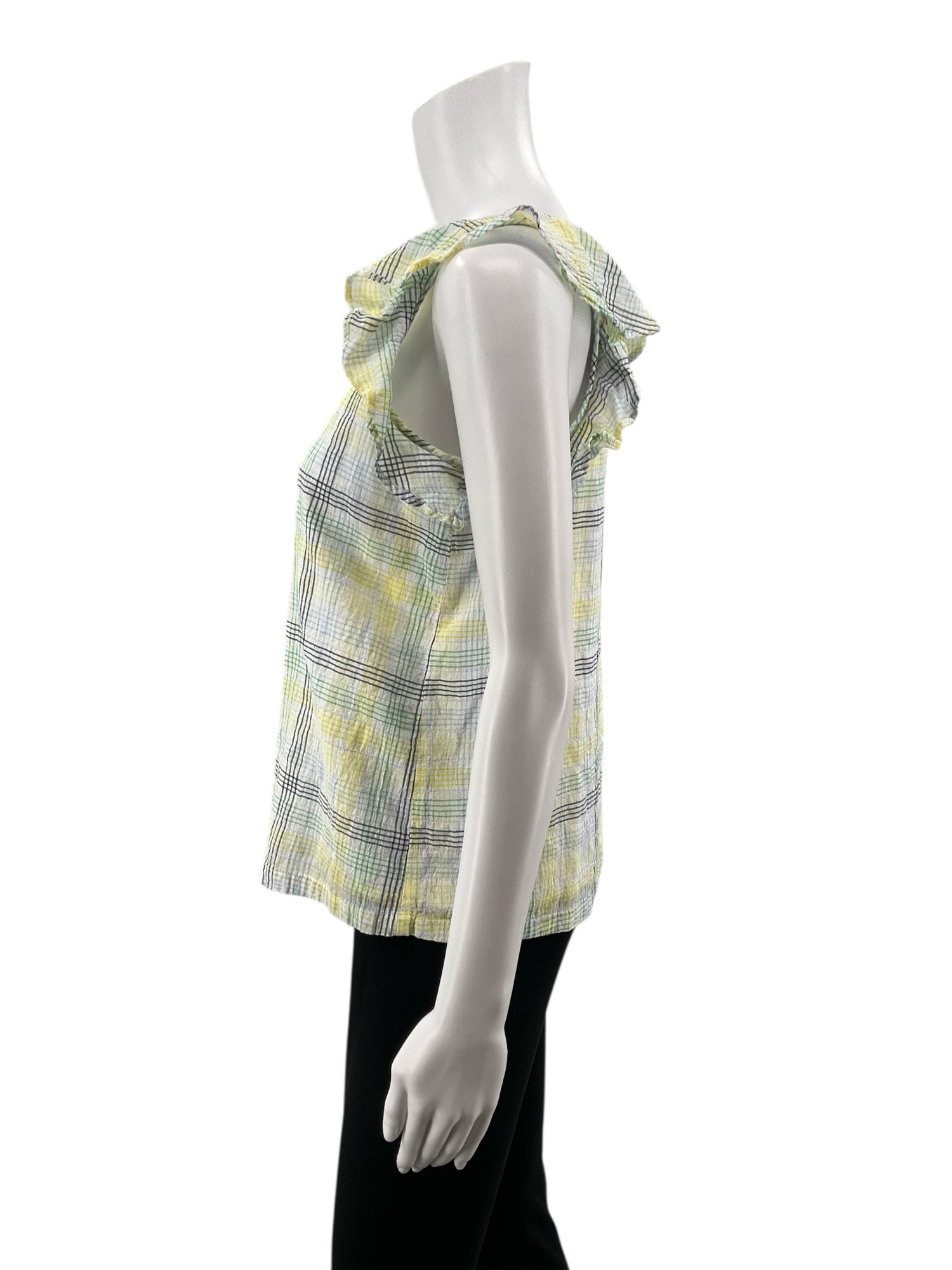 LOFT White/green/yellow Sleeveless Plaid Flutter Sleeve Keyhole Back Top Size Small - Size S