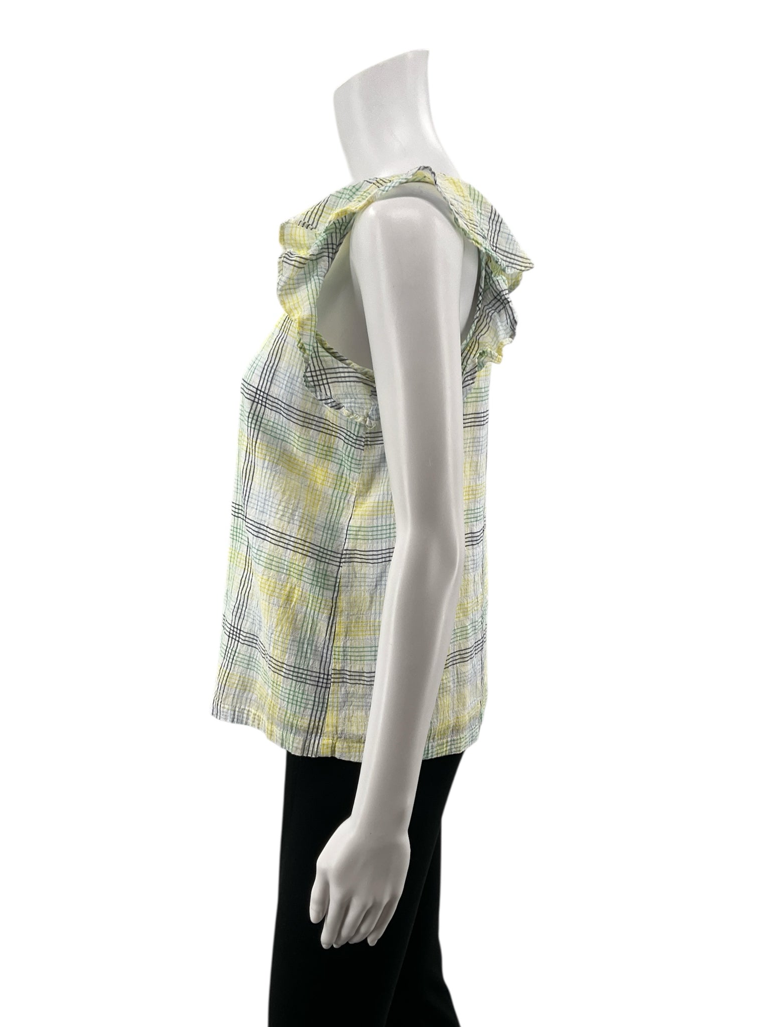 LOFT White/green/yellow Sleeveless Plaid Flutter Sleeve Keyhole Back Top Size Small - Size S