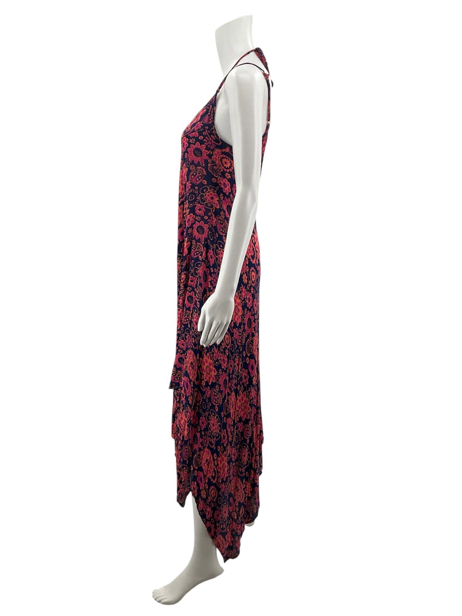 YM &amp; Co. Navy &amp; Pink Floral Handkerchief Hem Halter Maxi Dress Size Small